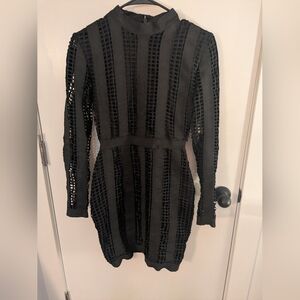 Fashion Nova Black Long-Sleeve Grid-Panel Mini Dress
